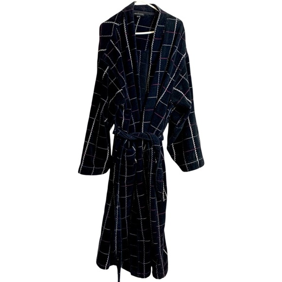 Britches Terry Towel Bathrobe black with red white & gray, 2 pockets - Picture 1 of 3